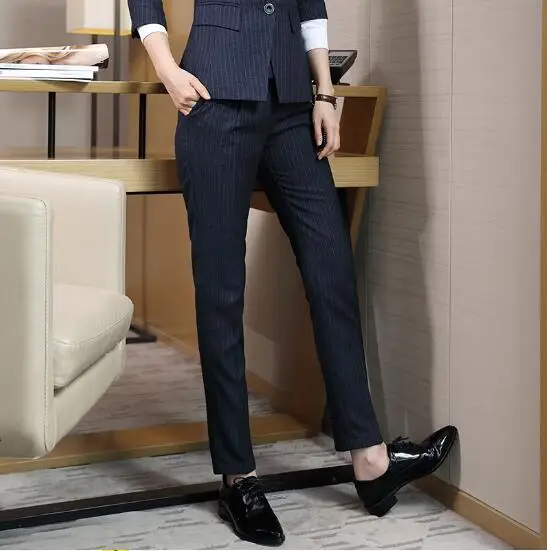 

Fashion Women stripe trousers plus size formal spring new office ladies Slim Mid waist Pencil Pants pants Navy blue Black 965