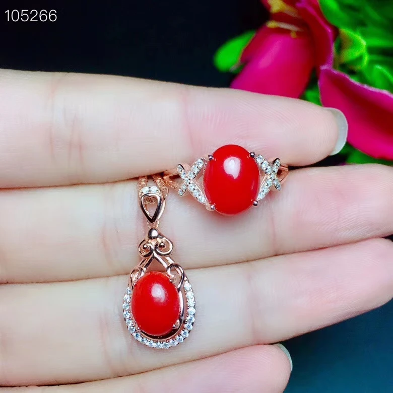 

Popular red coral gemstone ring and necklace jewelry set with silver for women