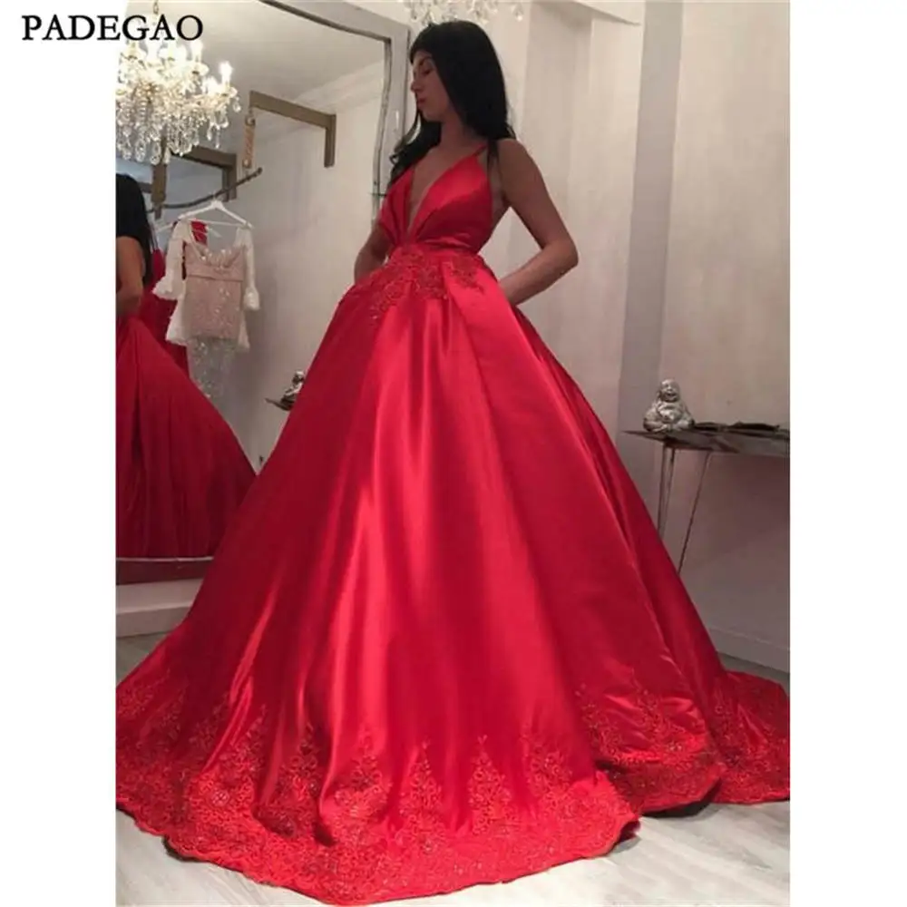 

New Fashion Red Evening Dresses With Pocket A-Line Appliques Long Party Dress Spaghetti Strap Floor Length Pleat Evening Dress