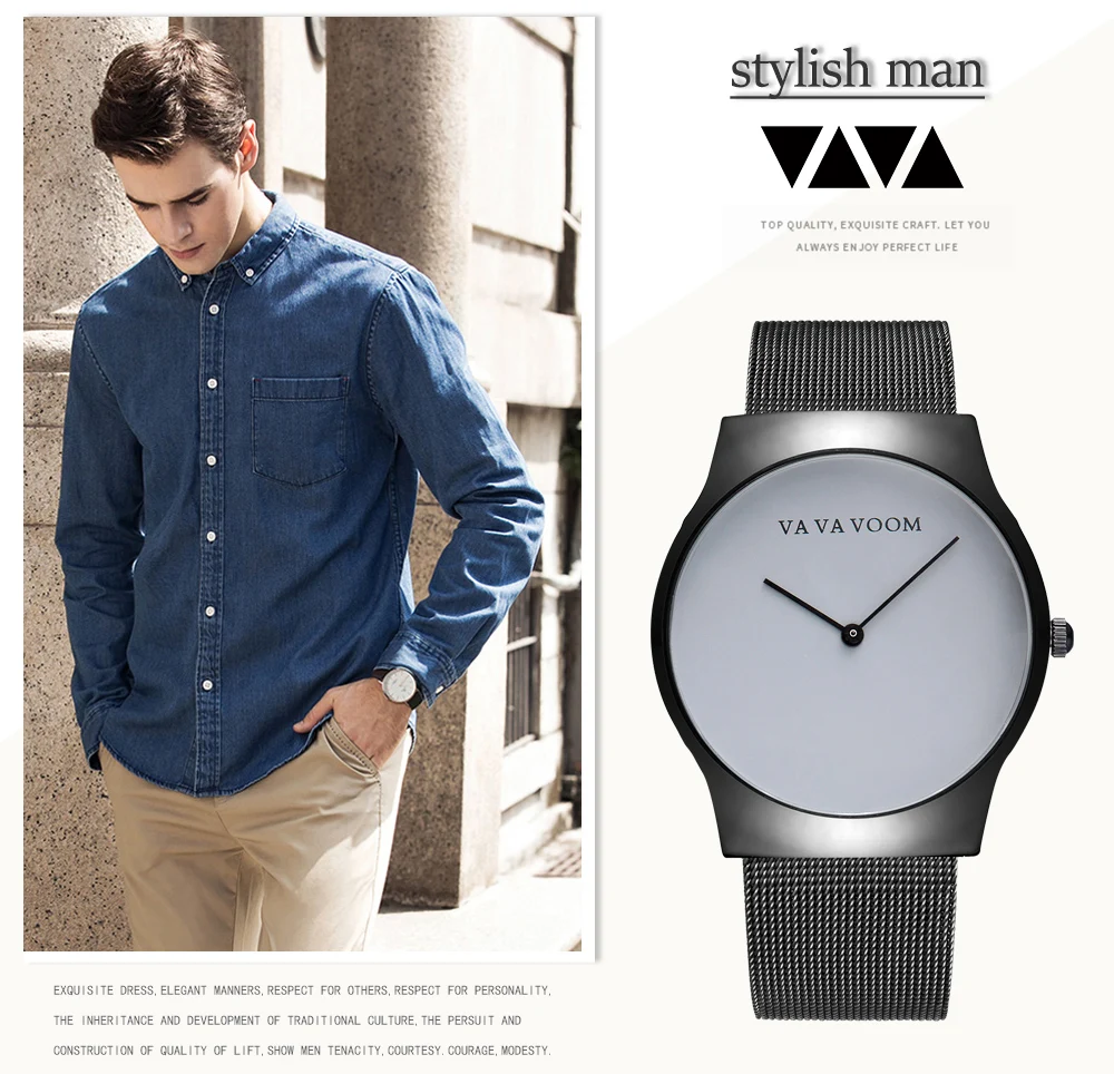

VAVA VOOM Mens Watches Luxury Brand Business Quartz Wristwatch Waterproof Steel Mesh Strap Calendar relogio masculino Clock Male