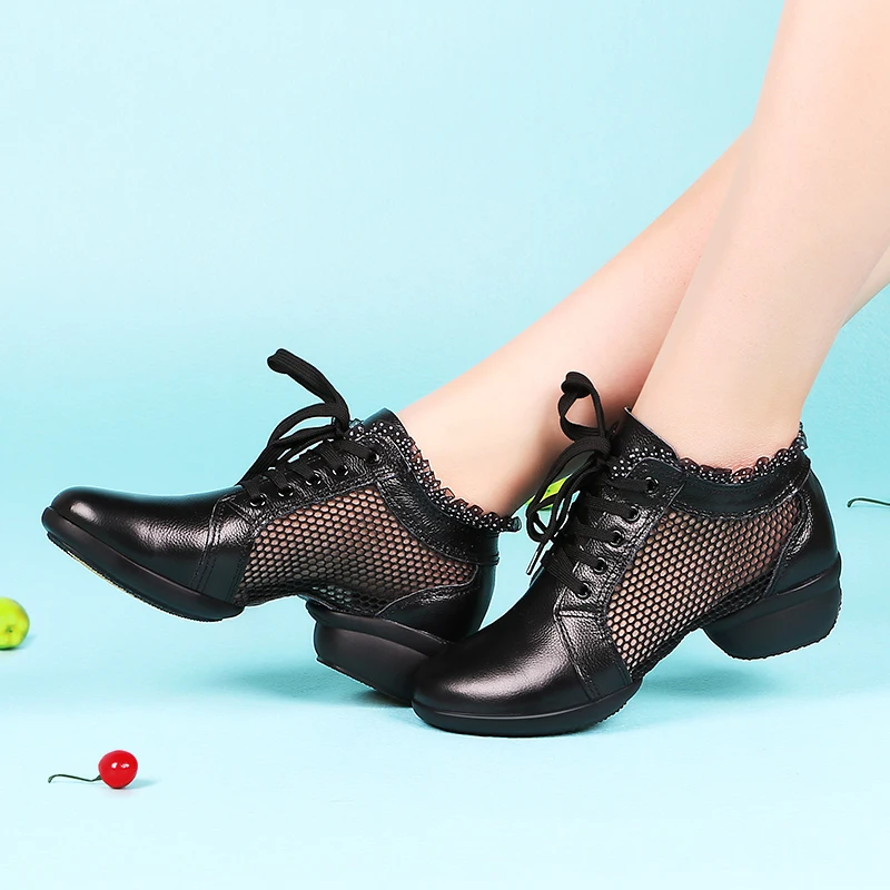Кроссовки женские для современных танцев мягкая подошва кожаные сетчатые