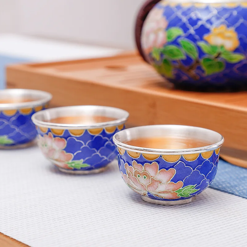 Перегородчатый пион Серебряный набор для чаепития чистый шелк ручной работы