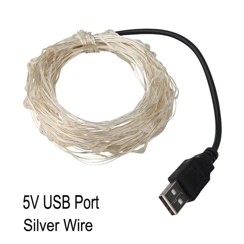 Siver Wire (USB) Декоративный светодиодный светильник на батарейках с USB, размеры s, 2 м, 3 м, 5 м, 10 м, серебристый медный провод, сказочный Рождественский светильник для свадебной вечеринки, украшения дома - Испускаемый цвет: Siver Wire (USB)