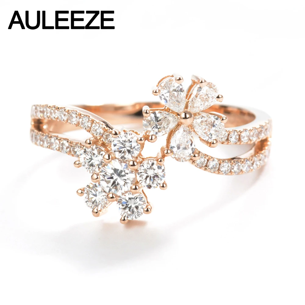 

AULEEZE 0.79cttw Natural Diamond Ring Romantic Twin Flowers 18k Rose Gold Real Diamond Engagement Wedding Party Ring