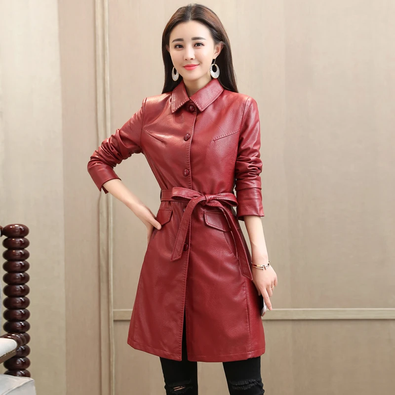 Для женщин Искусственная кожа куртка с поясом 2018 дамы новый Омывается PU Тренч
