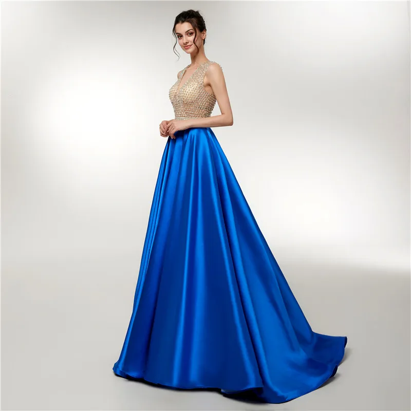Satin Prom Dresses Long 2020 V Neck Beaded Top Sleeveless Royal Blue Formal Evening gown Party Gown Robe De Soiree