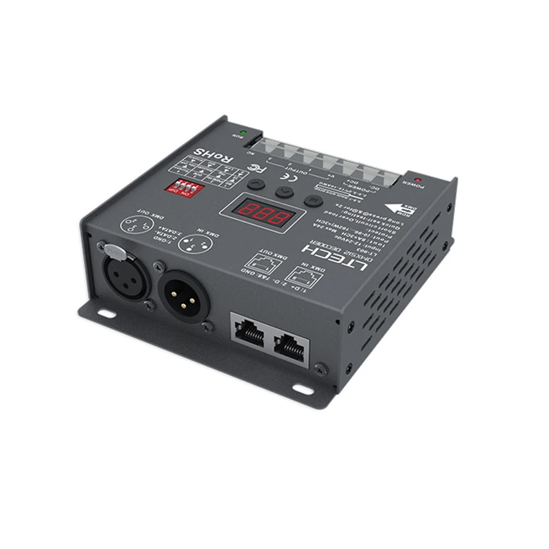 Светодиодный DMX-PWM декодер; DC12-24V вход; 8A* 3CH Max 24A 576 Вт Выход XLR-3/RJ45 Порты и разъёмы 3 канала RGB полосы DMX512 декодер LT-903