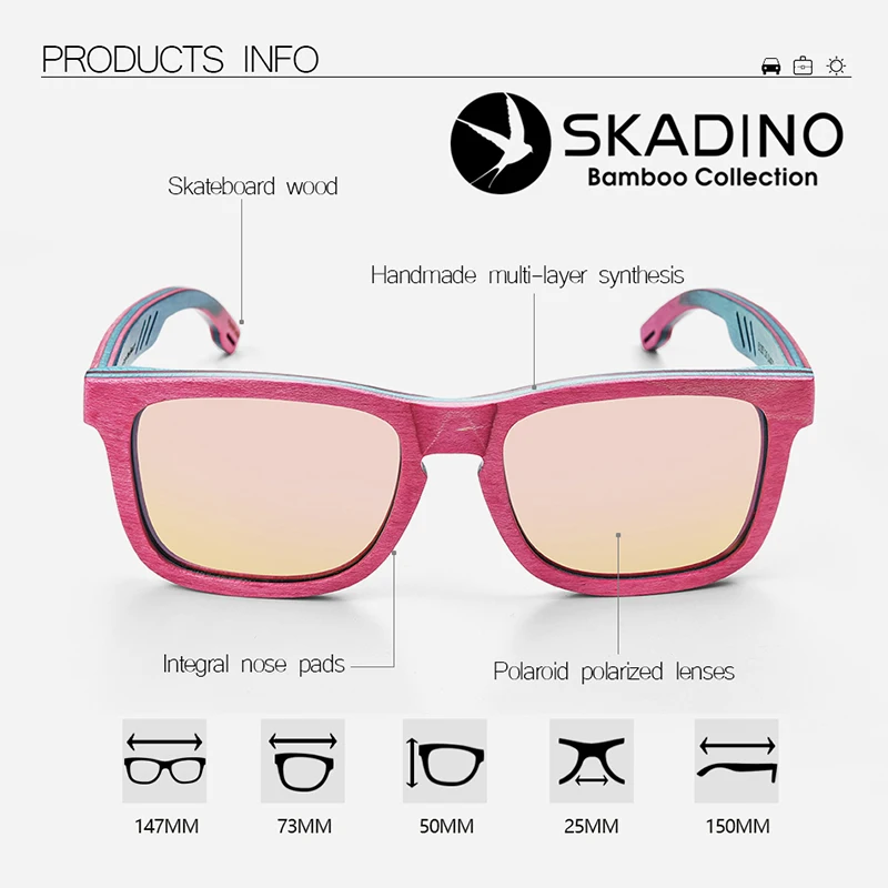 SKADINO бамбуковые деревянные солнцезащитные очки UV400 поляризованные солнцезащитные очки леди Скейтборд Мужские розовые линзы деревянные ручной работы крутой бренд