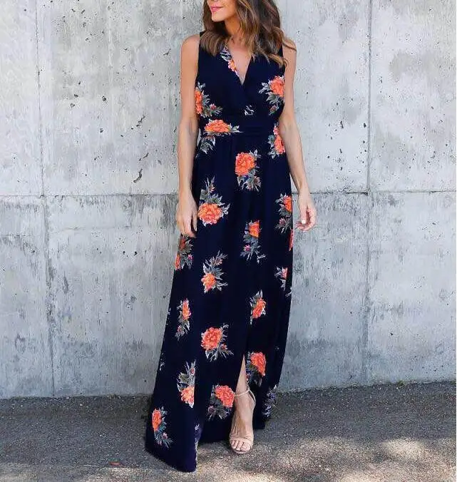 Повседневное без рукавов Цветочный принт Глубокий V Средства ухода за кожей шеи