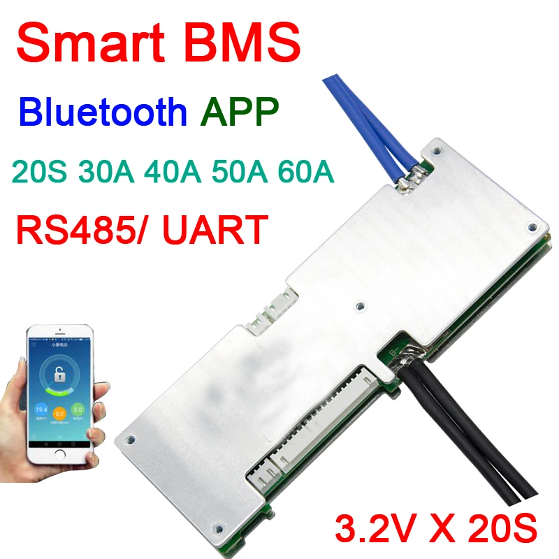 

smart 20S 60V 30A 40A 50A 60A Lifepo4 lithium battery protection board bms balance system Bluetooth APP UART software monitor