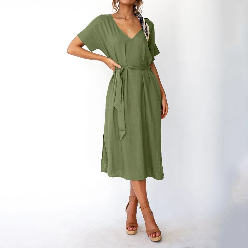 Feitong повседневное летнее женское платье элегантное чистый цвет v образный вырез