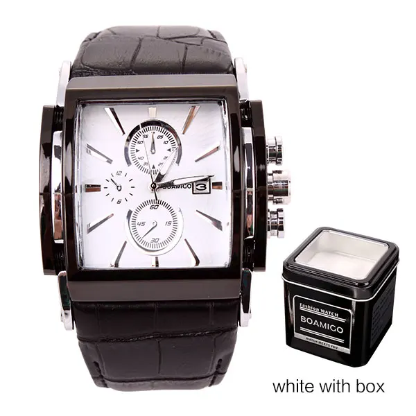 white with box Мужские кварцевые часы BOAMIGO, модные повседневные спортивные часы, розовое золото, водонепроницаемые, кожаный ремешок, мужские повседневные наручные часы, relogio masculino - Цвет: white with box