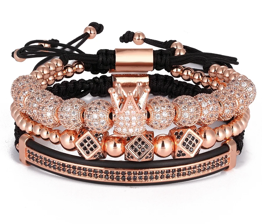 3 шт./компл. панк CZ Micro Pave Корона Бусины Браслет для Для мужчин Для женщин плетеная веревка Сеть класса люкс Модные украшения подарок Размер 16-25 см