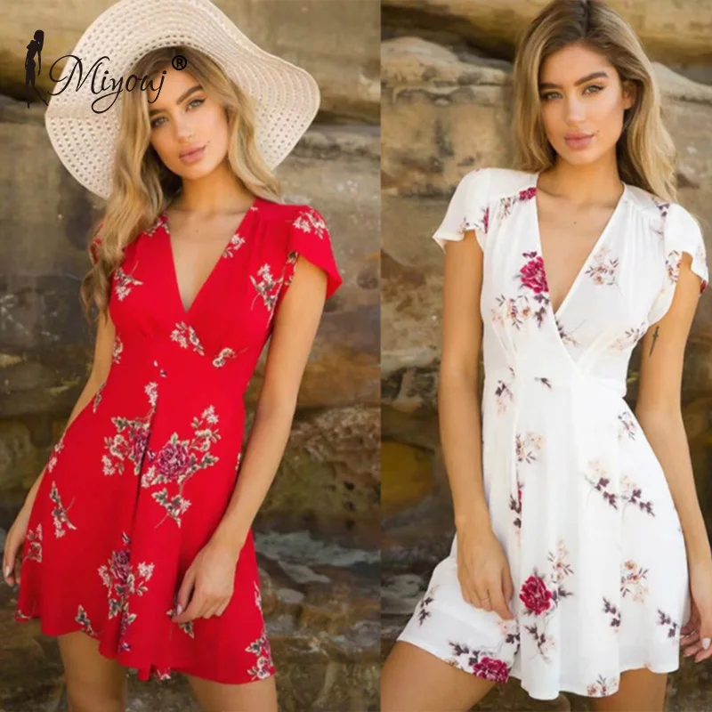 

Miyouj Floral Print Dresses V-neck Pareo Beach Dress Summer Coverups Women 2018 Female Bikini Cover Ups Beachwear Bathing Suit