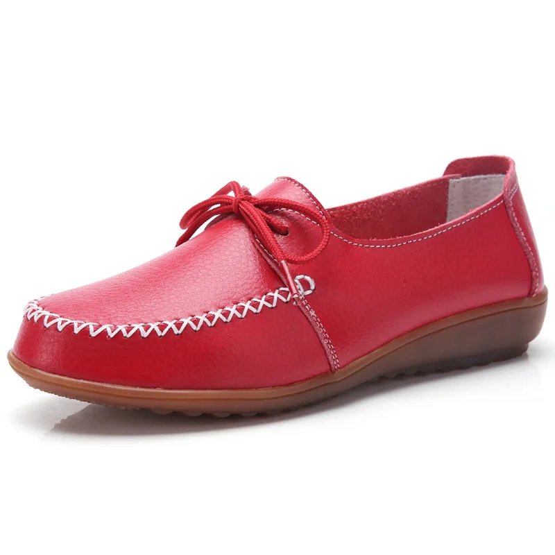 Genuine leather flats ladies Oxford shoes big size 270 loafers solid white shoes women new arrival casual flats woman shoes - Цвет: Red