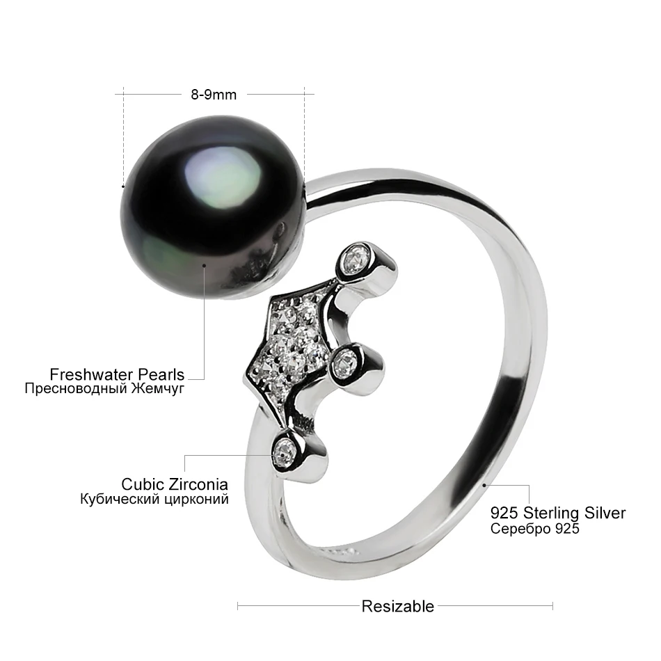 FEIGE 925 Sterling Silver Imperial crown Shaped Pearl Ring For Women's 8-9mm Black Natural Freshwater Fine jewelry | Украшения и