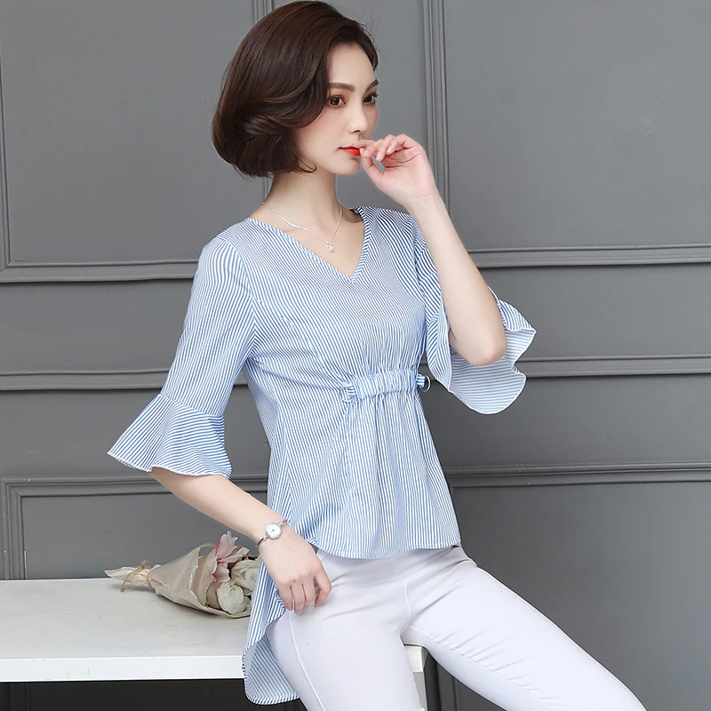 4xl plus big size blusas feminina 2018 korean spring summer style autumn women Stripe chiffon new thin shirts female A4878 | Женская