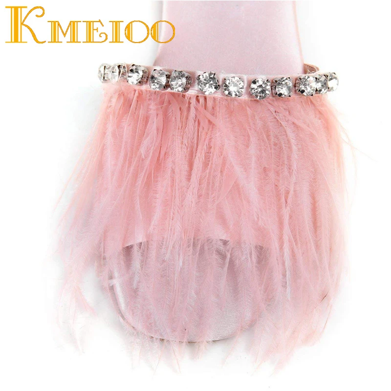 

Kmeioo 2020 US 5-15 Summer Women Shoes Faux Feather Pompom Jewel Slides Rhinestone Slippers Crystal Flats Causal Ladies Shoes