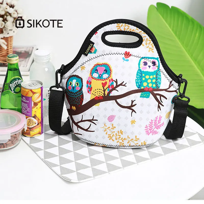 

SIKOTE Origin Shoulder Strap Lunch Bag Keep Fresh Neoprene Portable Picnic Owl Print Neoprene Work Lunch Box Insulation