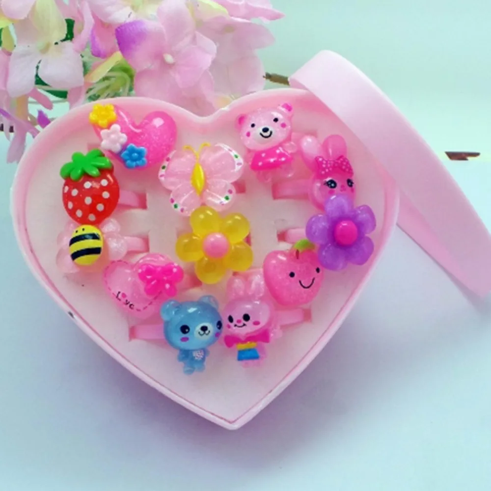 Fatpig 12pcs / set Mix Animals Flower Heart Assorted Baby Kids Girl Children's Cartoon Rings With Display Box For Birthday Gifts |