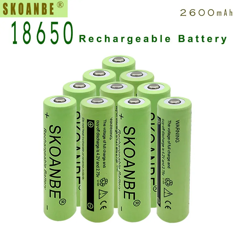 10 шт. зеленый аккумулятор SKOANBE 2600 мАч 18650 3 7 В литий-ионная аккумуляторная батарея