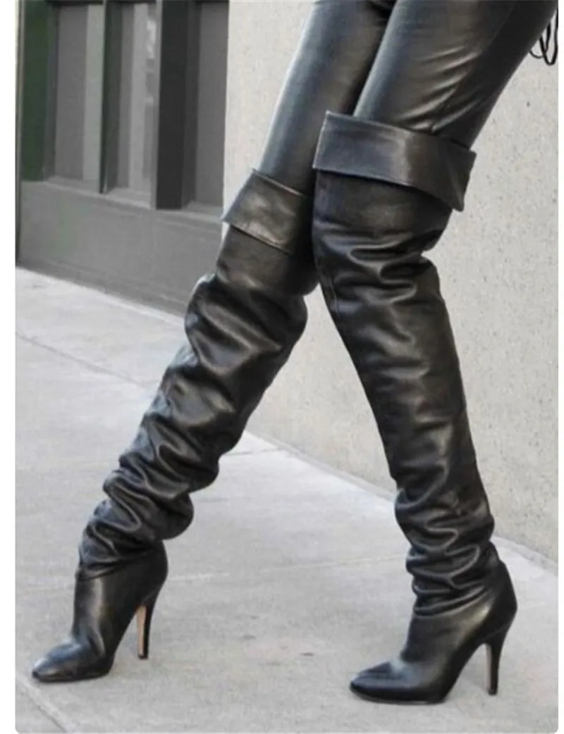 

Black Over The Knee Boots Women Pu Leather Thin High Stiletto Heeled Shoes Women Chaps Street Thigh High Boots Botas Mujer