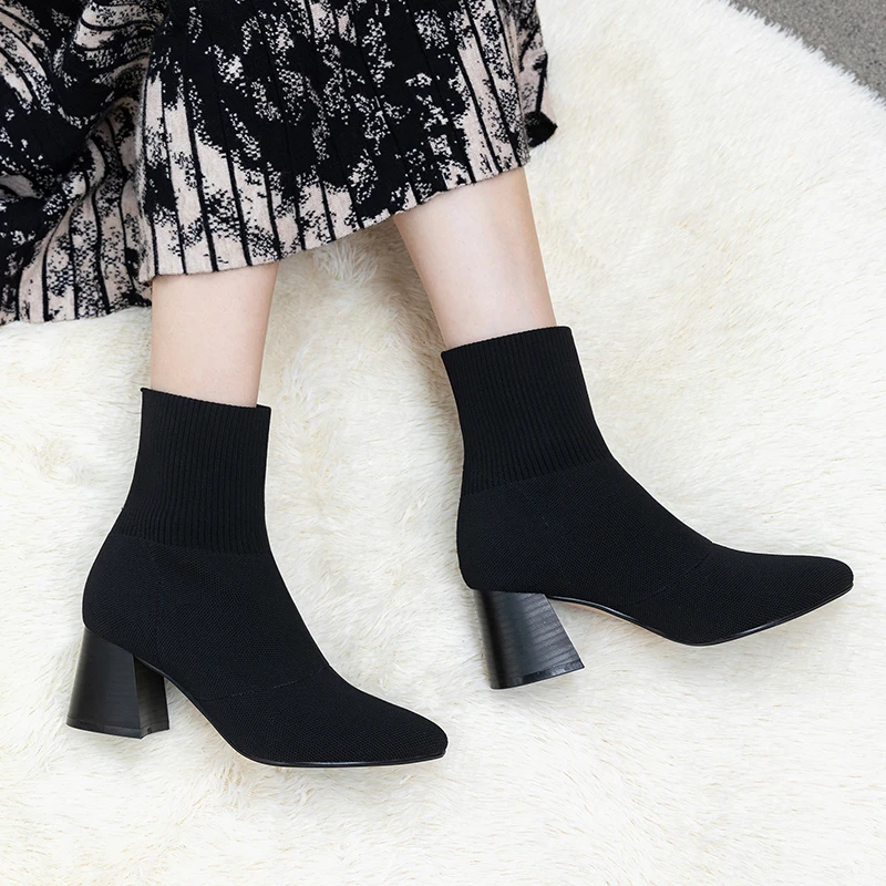 

WETKISS High Heels Thick Ankle Boots Women Stretch Knitting Sock Booties Female Pointed Toe Shoes Party Shoes Winter 2019 New