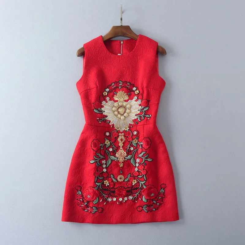 

European and American women's wear 2019 The new summer sleeveless Court heavy nails jacquard Red dress
