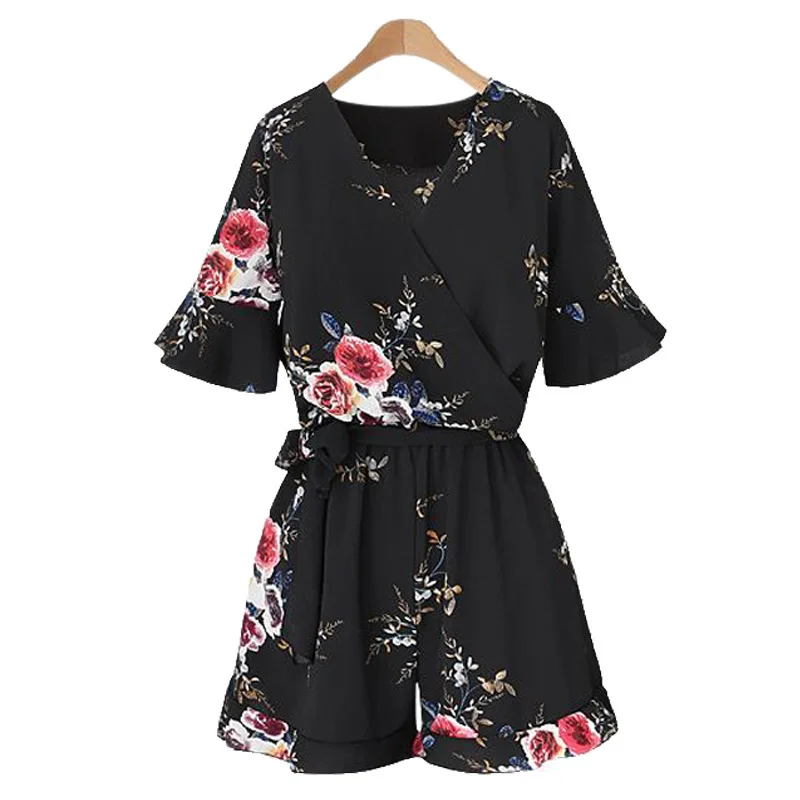 Женский шифоновый комбинезон с V образным вырезом и коротким рукавом|Комбинезоны