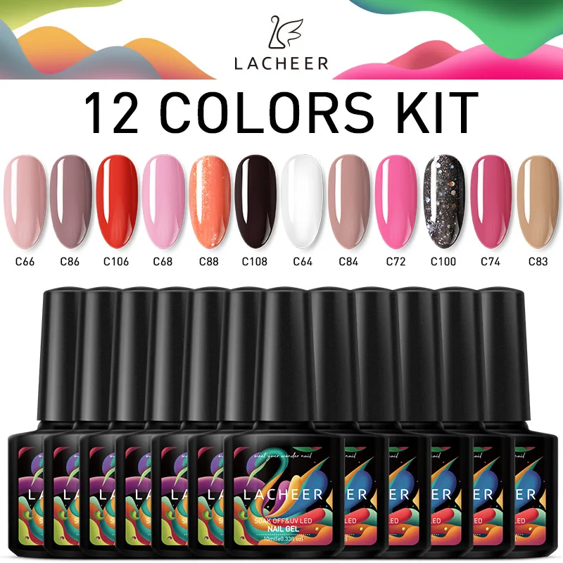 12PCS SET Lacheer УФ-гель для ногтей набор нужна Светодиодная лампа Гибридный гвоздь лак Полупостоянный УФ Гель-лак для ногтей Набор лаков длительного действия гель - Цвет: 12PCS SET
