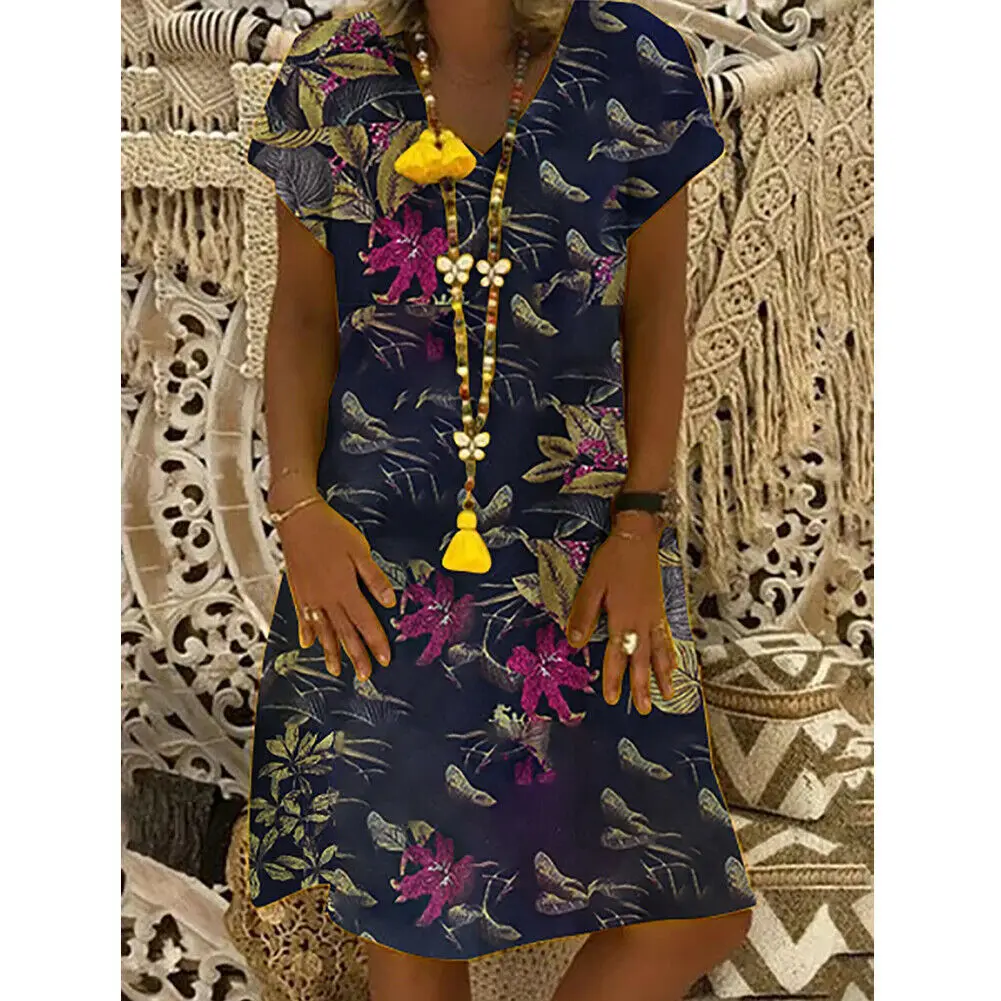 Женские с цветочным принтом V образным вырезом и короткими рукавами платье на