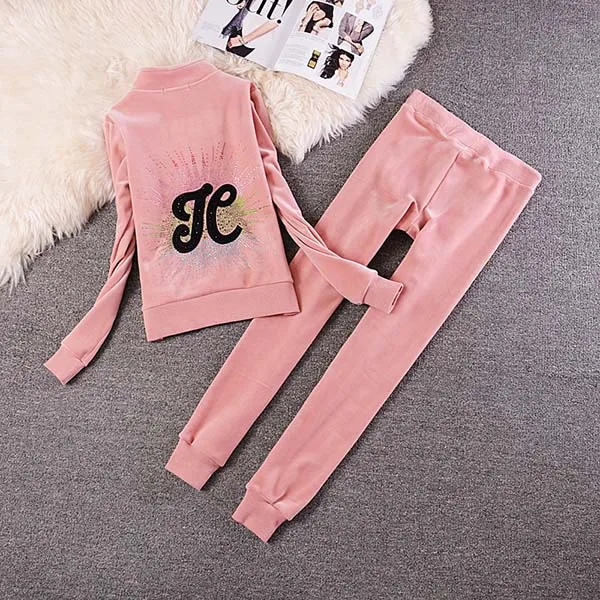 Pink Осень/зима женские брендовые бархатные спортивные костюмы Велюровый костюм женский большой утепленный плюс бархатный костюм модный - Цвет: Pink