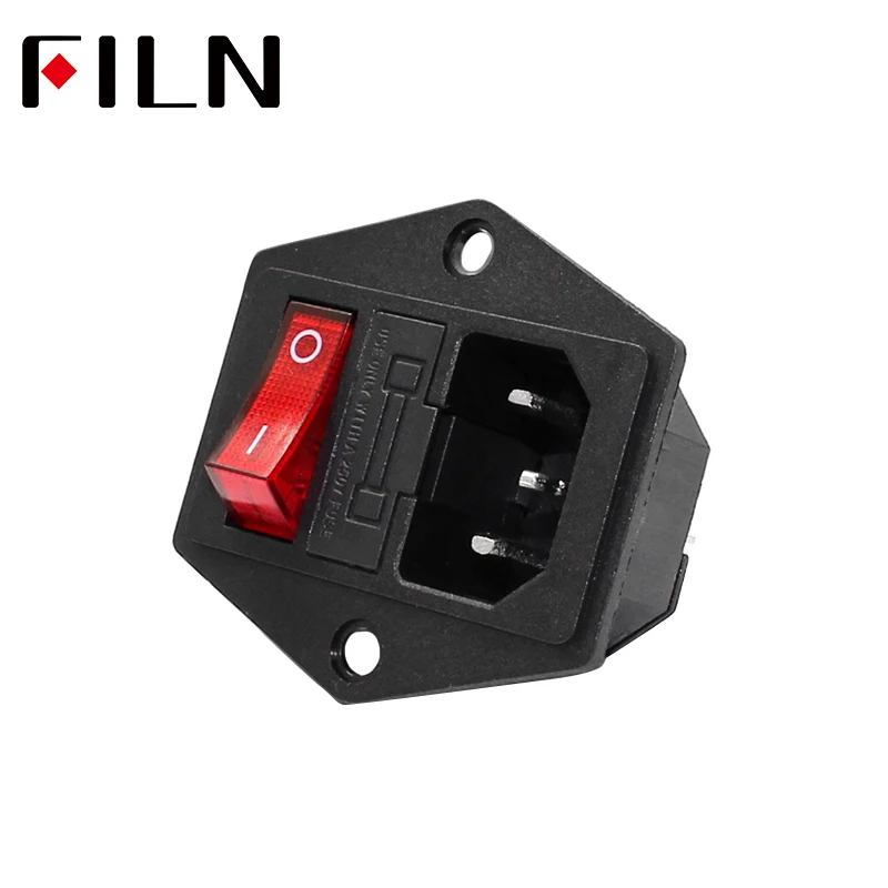 

FL-AC-04 Red Rocker Switch AC Power Socket Fuse Switch Connector Plug Connector 3 Pins With 10A Fuse 15A 250VAC