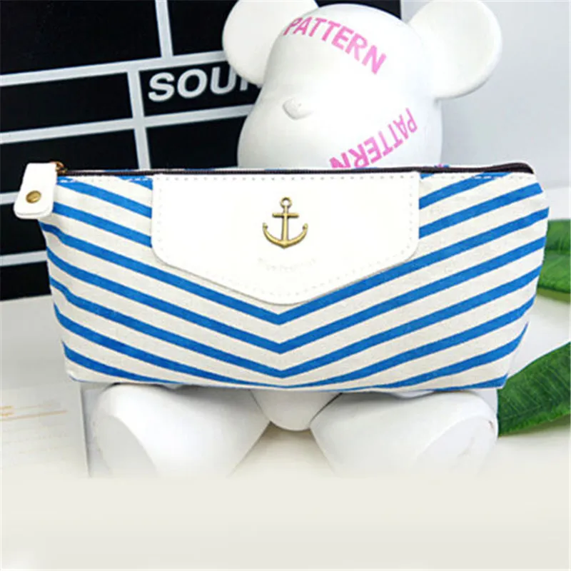 Тёмно синий холщовый пенал для школьников пеналы в полоску макияжа карандашей