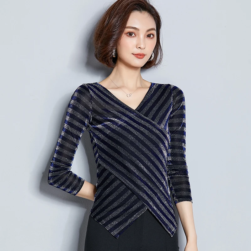 Осень Для женщин с v образным вырезом в полоску длинными рукавами Уникальный Slim Fit