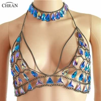 chran sexy mesh halter harness chain bra bikini sequin body chain jewelry festival cosplay wear