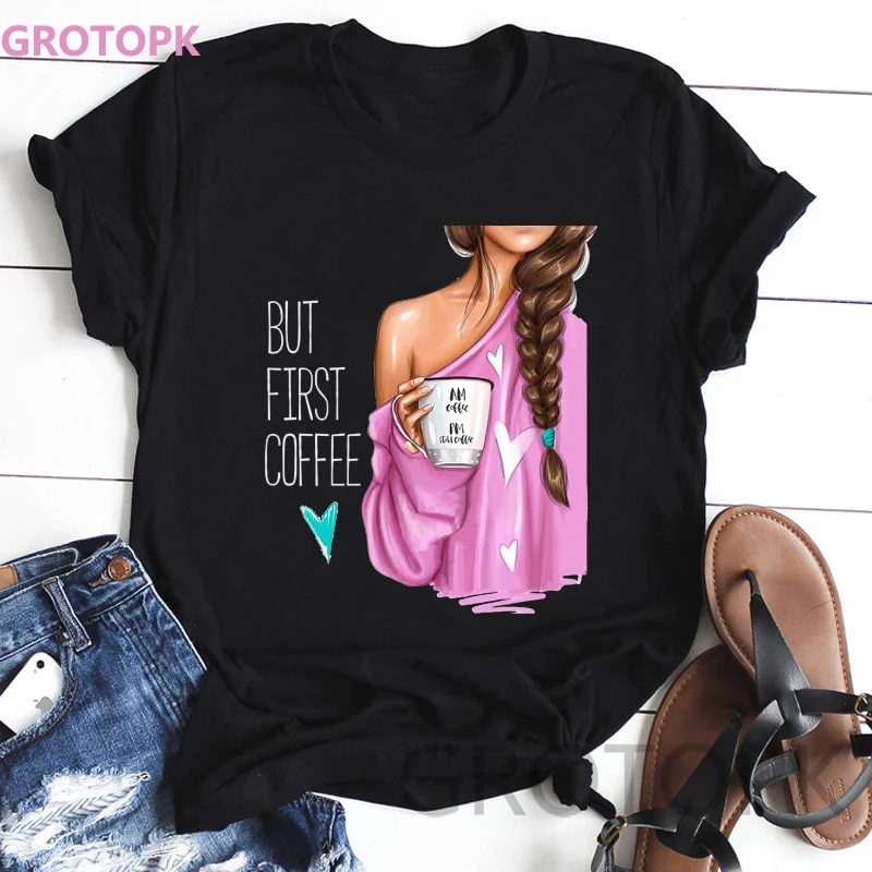 Женская кофейная футболка BUT FIRST COFFEE Корейская одежда черная Новое поступление