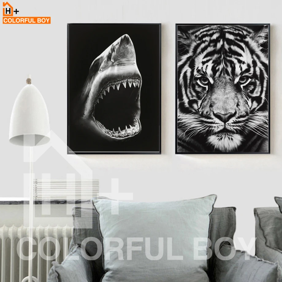 

COLORFULBOY Tiger Shark Canvas Painting Modern Wall Art Black White Posters And Prints Wall Pictures For Living Room Home Decor