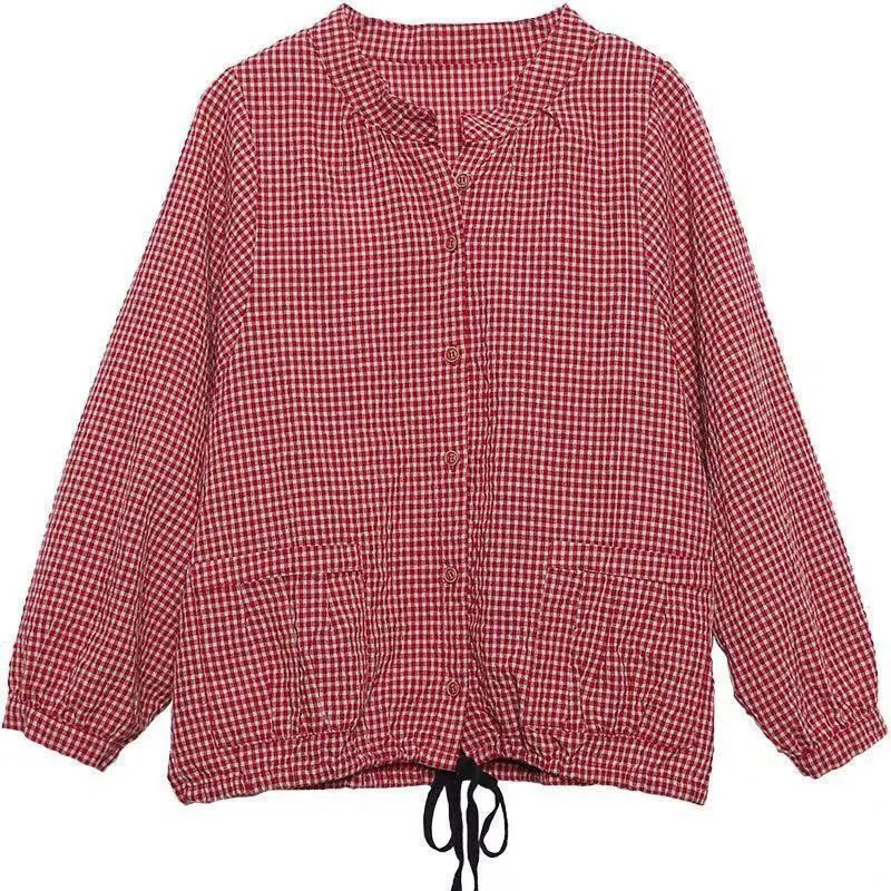 

F&je New Spring Women Shirts Plus Size Loose Casual Long Sleeve Vintage Ladies Tops Double Pocket Cotton Linen Plaid Blouses D2
