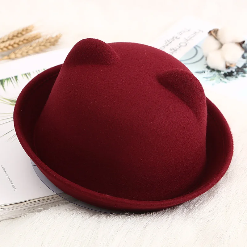 Wine Red BalleenShiny/шапка с мультяшными ушками, Детская Милая модная шерстяная шапка, кошачьи уши для детей, теплая одноцветная шапка для детей 4-7 лет, подарок для ребенка - Цвет: Wine Red