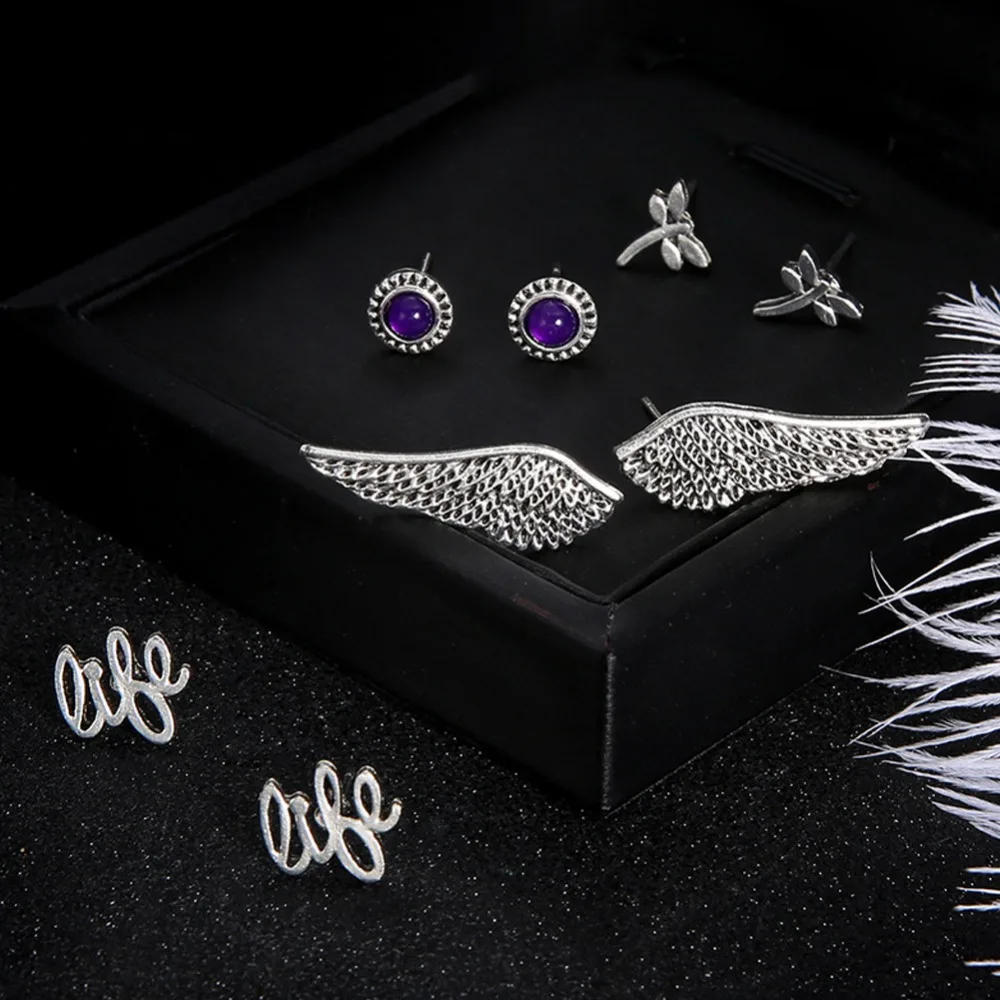 8 шт./компл. Мода Boho Винтаж Silver Wing Стрекоза серьги гвоздики Комплект уха Pendientes Brincos