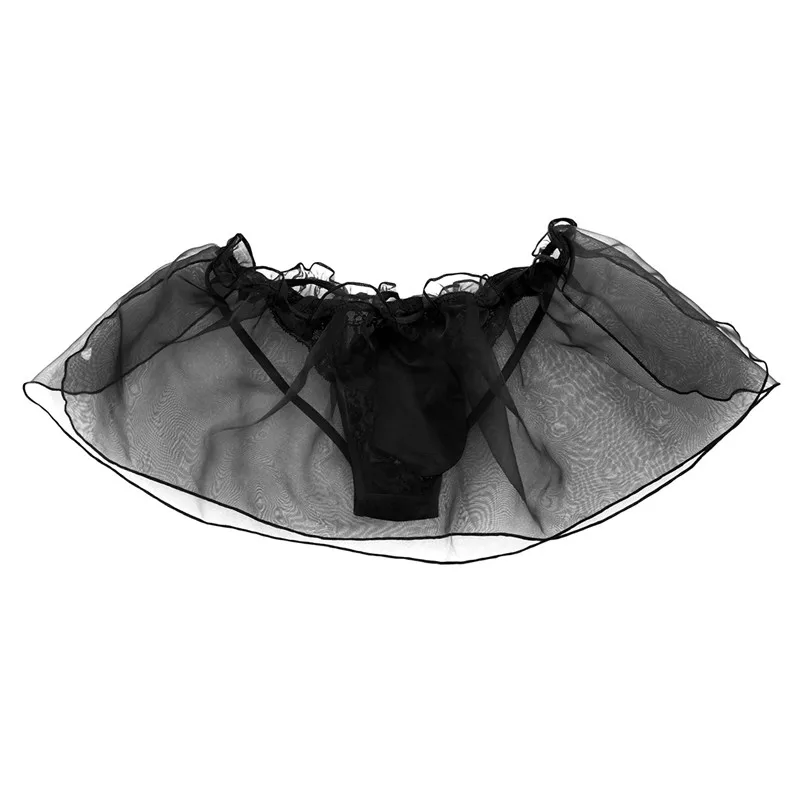 Мужские трусы стринги из органзы черные кружевные с мешочком гей-трусы цветочным