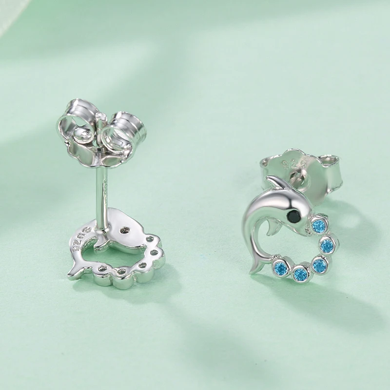 HoHangFuk Unique 925 Sterling Silver Cute Dolphin Animal With Blue Zircon Stud Earrings for Women Jewelry | Украшения и