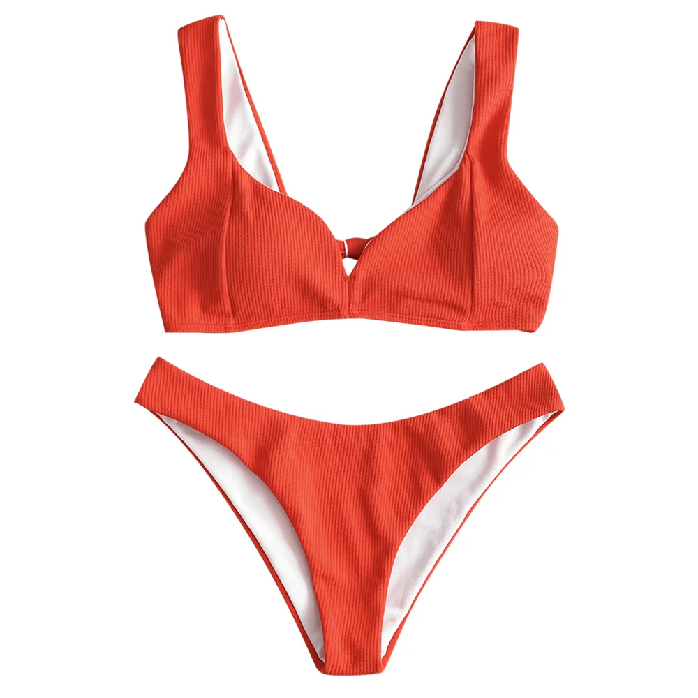 Lava Red ZAFUL, женский сексуальный купальник, с бантом сзади, в рубчик, комплект бикини, пляжный костюм, без проволоки, с подкладкой, низкая талия, пляжная одежда, купальник - Цвет: Lava Red