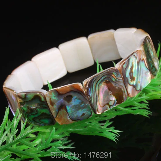 HOT 14MM Abalone Shell Square Beads Gems Stretch Bracelet Bangle 7&quotL Free shipping | Украшения и аксессуары