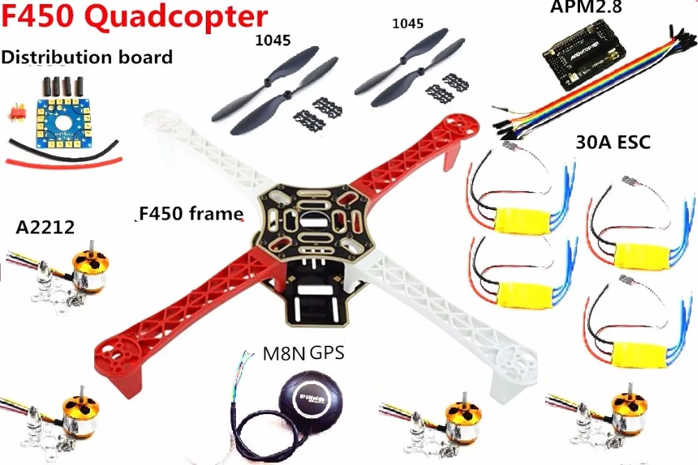 F450 450 Квадрокоптер Мультикоптер рамка Комплект APM 2 8 Вт/6 м/7 м/M8N GPS A2212 мотор 30A ESC для
