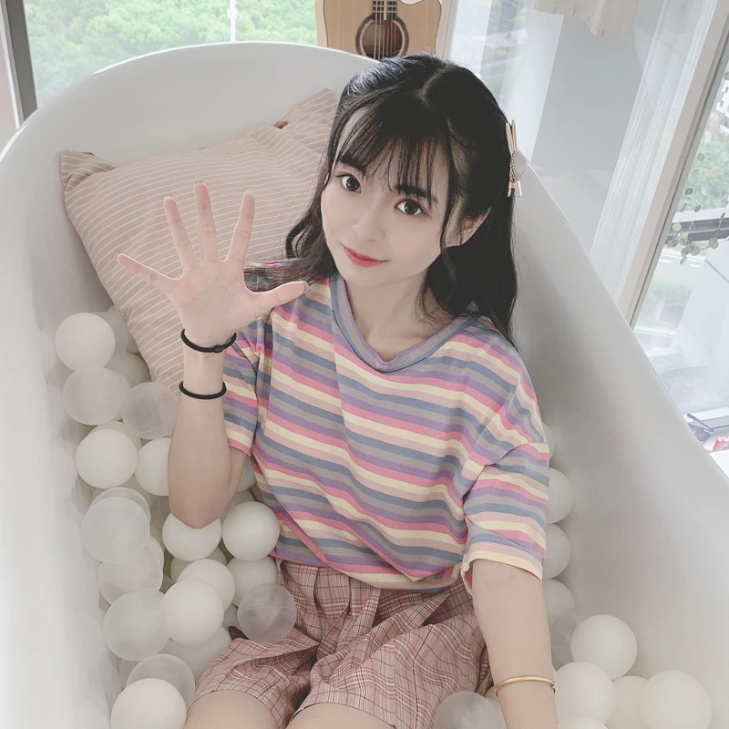 Женские футболки Милая футболка Kawaii Ulzzang ретро полосатая Радужная с коротким