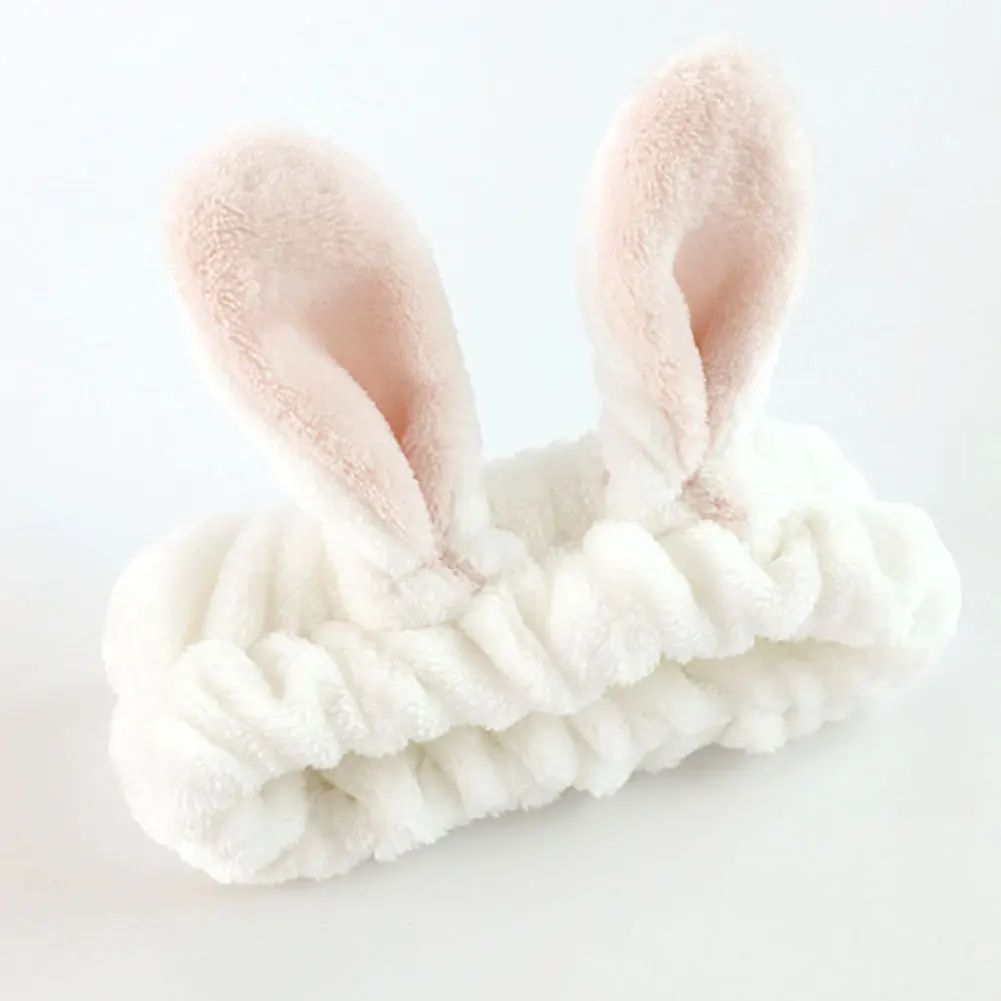 White Коралловый флисовый банный ободок для волос с кроличьими ушками, Широкая мягкая модная повязка на голову для женщин и девочек, повязка на голову для нанесения макияжа эластичная маска, полотенце для инструментов - Цвет: White