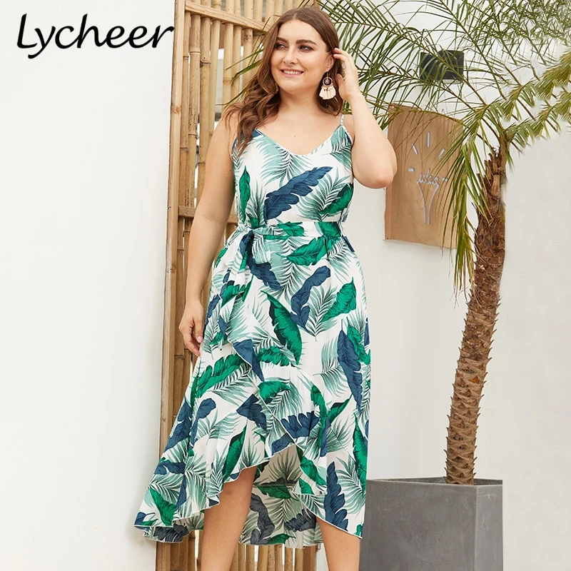 Lycheer плюс размеры элегантный лист печати зеленый для женщин большой платье