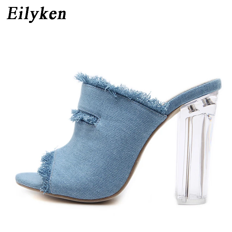 Eilyken/Новинка года; сезон лето; синие джинсовые шлепанцы на прозрачном каблуке; обувь сандалии тапочки для женщин; размеры 34-40